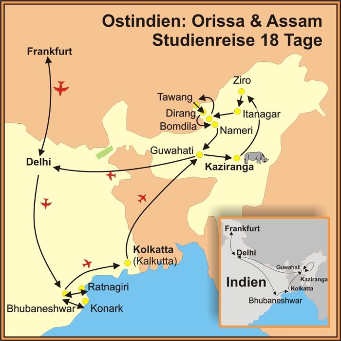 Karte der Indien Reise und Assam Reise